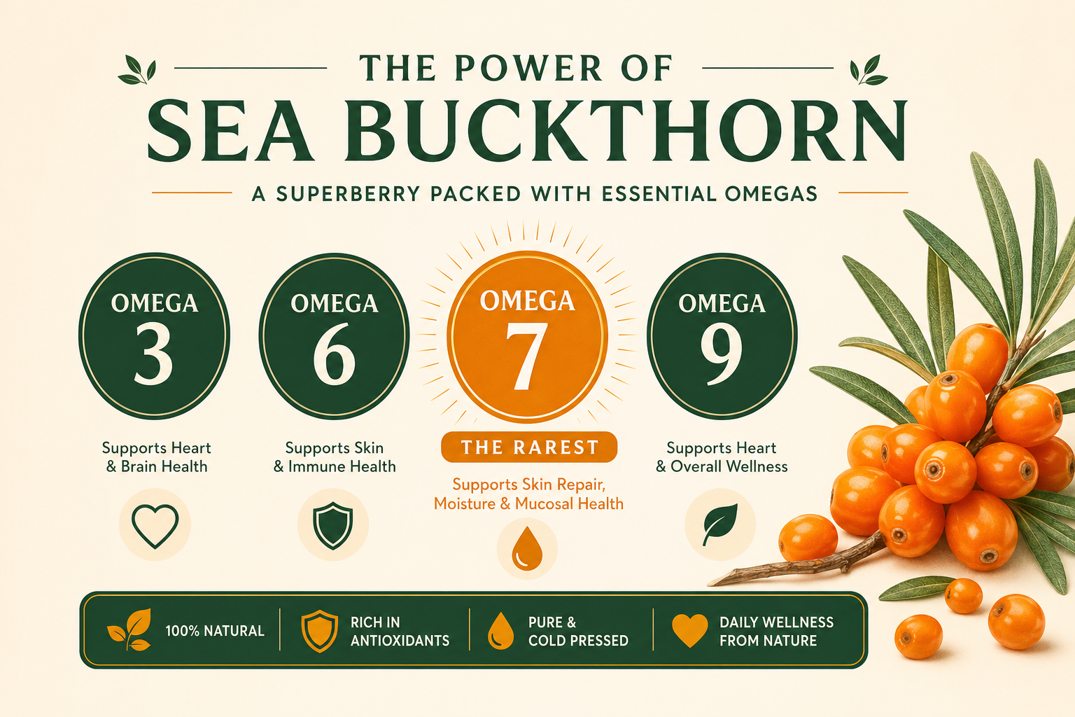 Pure Himalayan sea buckthorn juice bottle with fresh orange berries