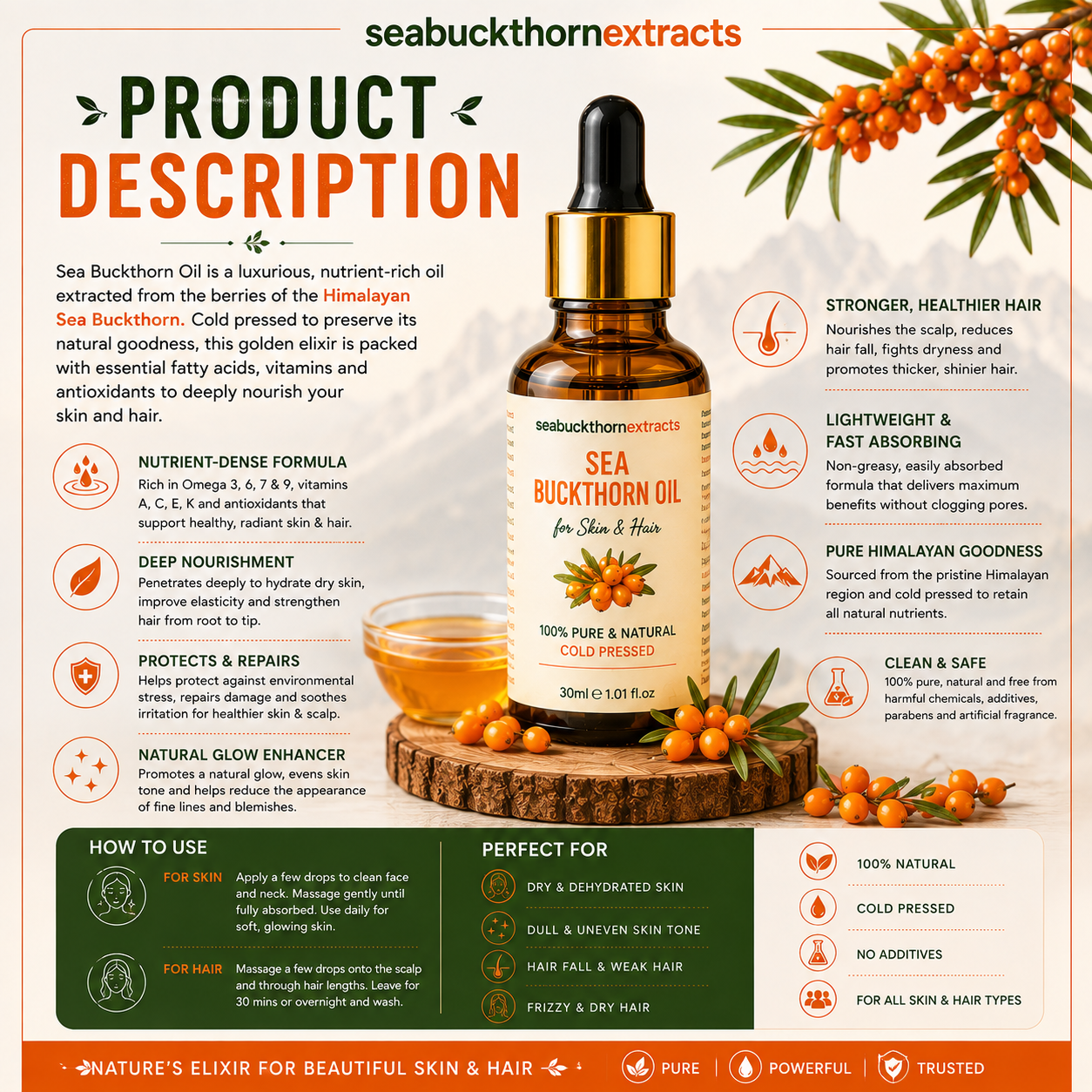 Cold pressed Sea Buckthorn Oil made from high-altitude Himalayan berries