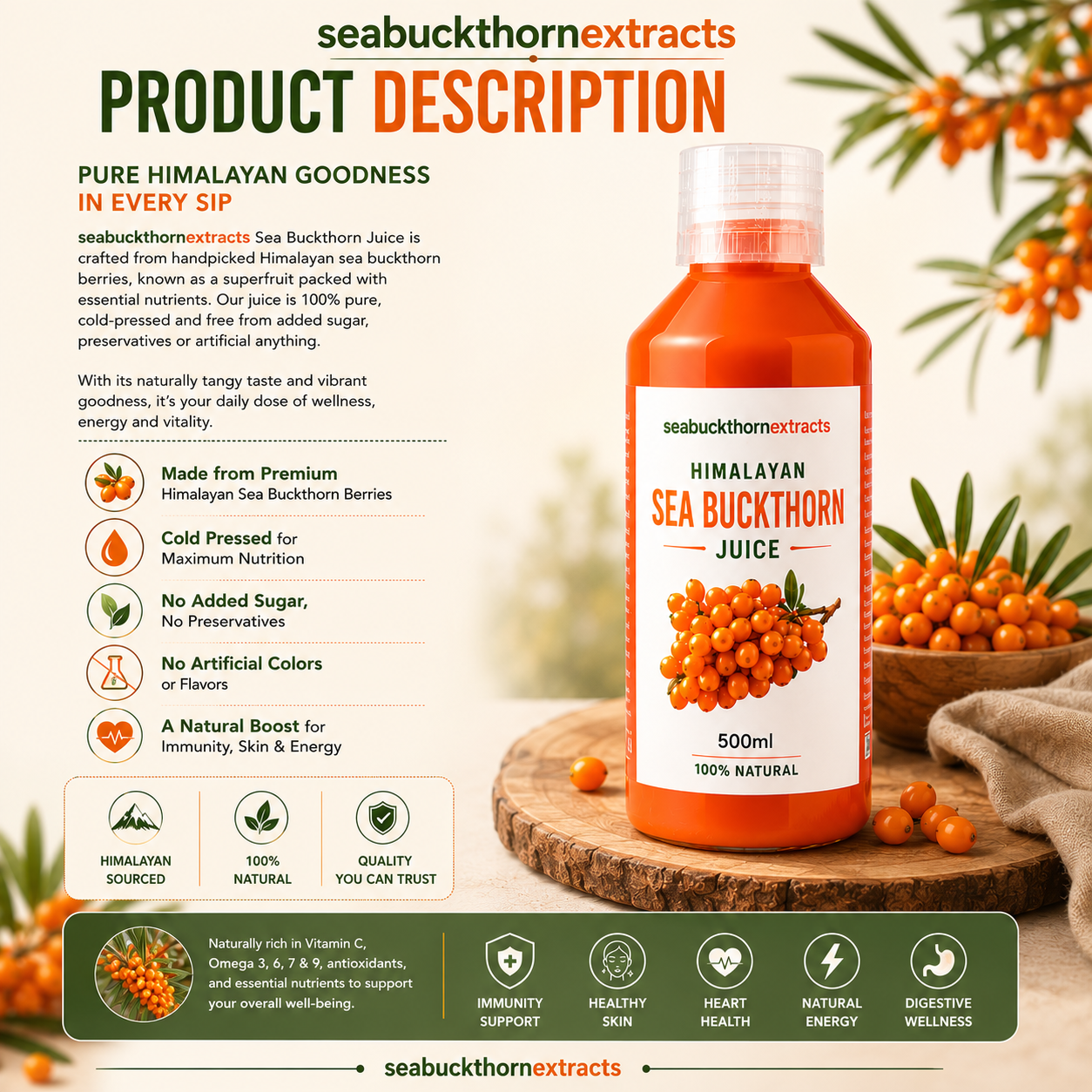 Natural Sea Buckthorn fruit juice crafted from high-quality Himalayan berries